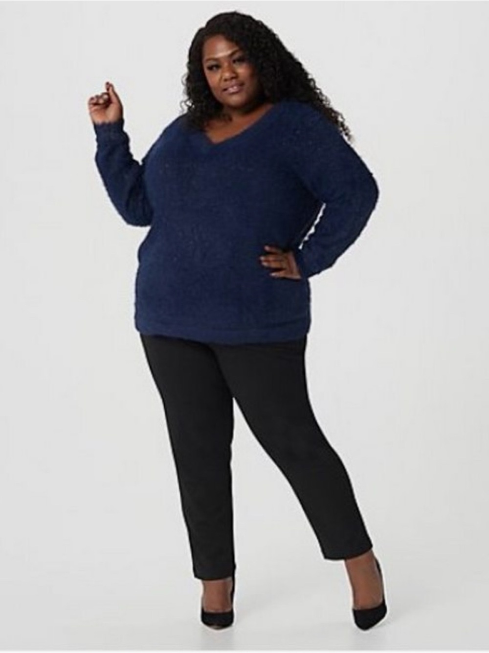 Laurie Felt Blue Metallic Eyelash Sweater V-Neck